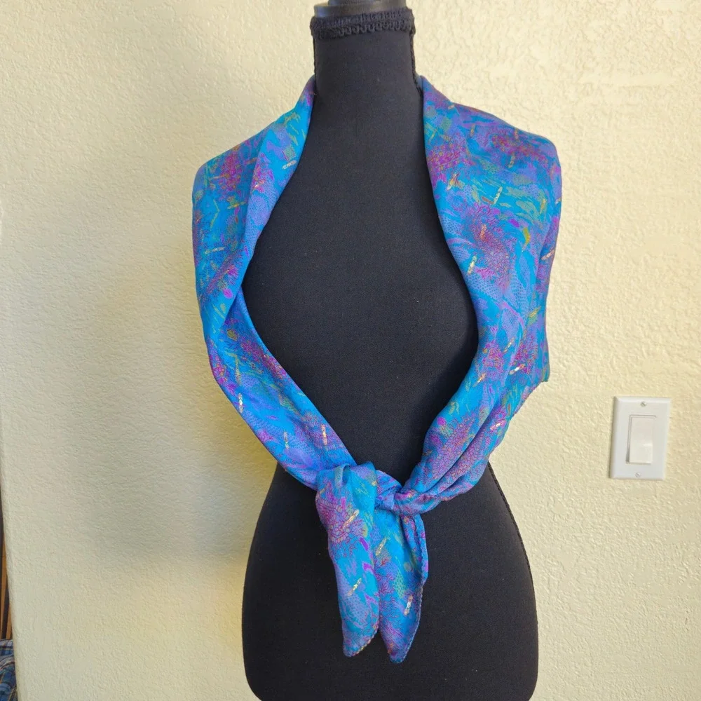 Vintage Silk Paisley Scarf Turquoise Purple Gold Metallic 35x34 Luxury Old Money